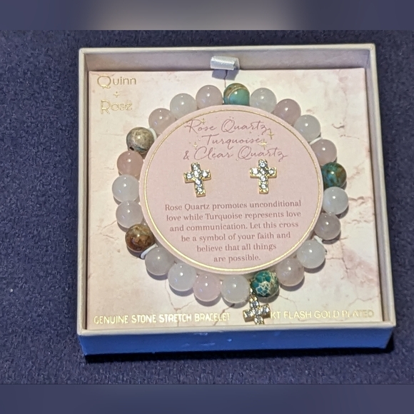 Quinn  Rose Quartz Turquoise Clear Quartz Cross Bracelet & Earrings Set 14K GP - Picture 6 of 6